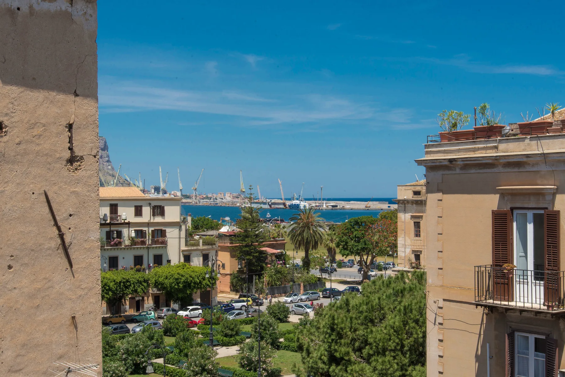 Una calle de una ciudad costera da a una marina, con palmeras y edificios en primer plano.