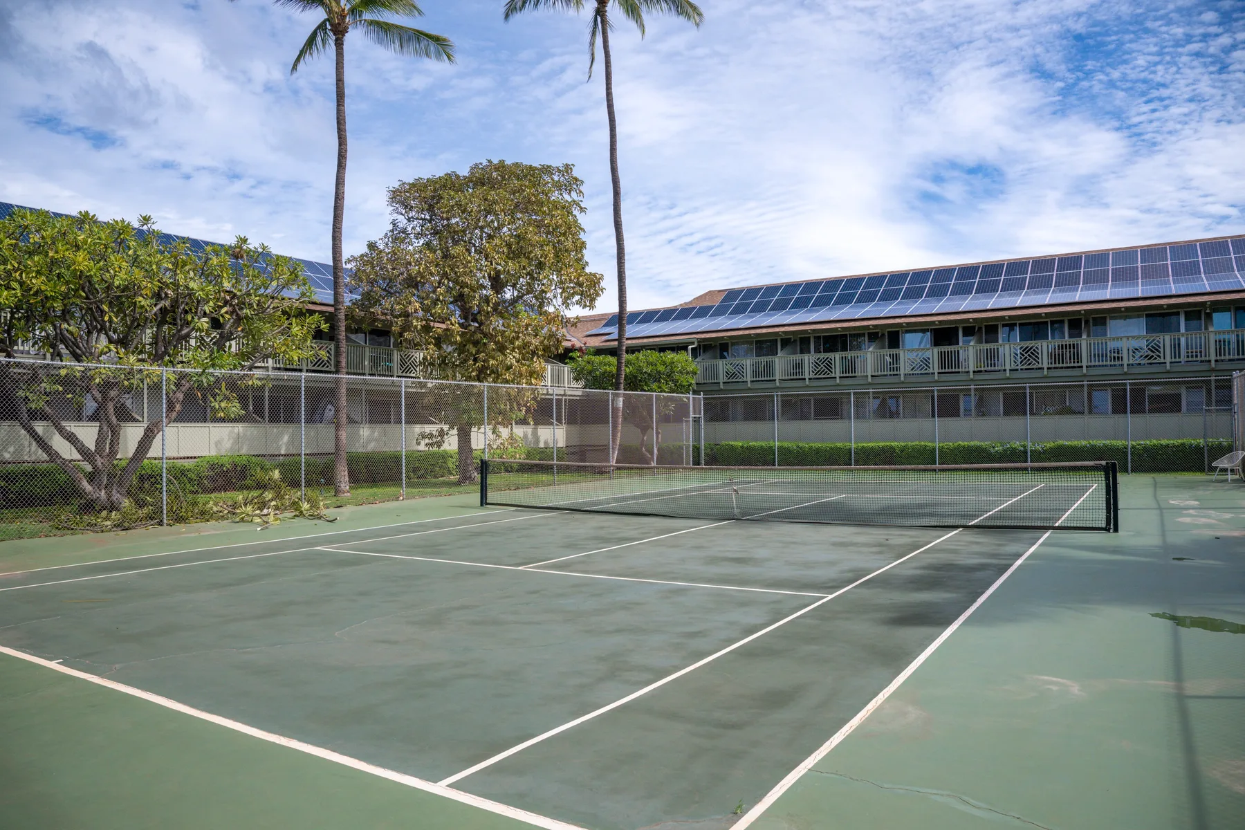 Una cancha de tenis al aire libre con una red, rodeada de vegetación y edificios.