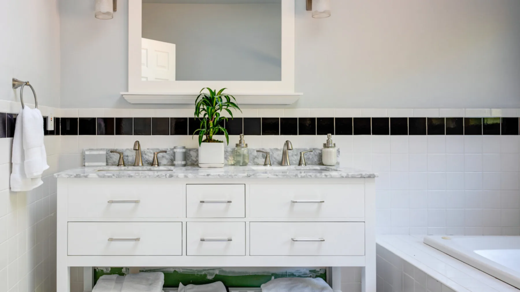 A bright bathroom vanity with a wide mirror and a plant on the counter.