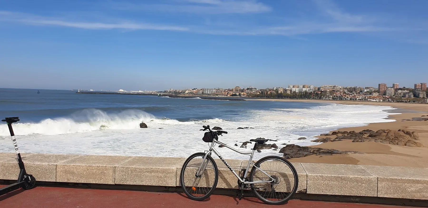 A bicycle rests by a seaside promenade overlooking waves and a sandy beach.