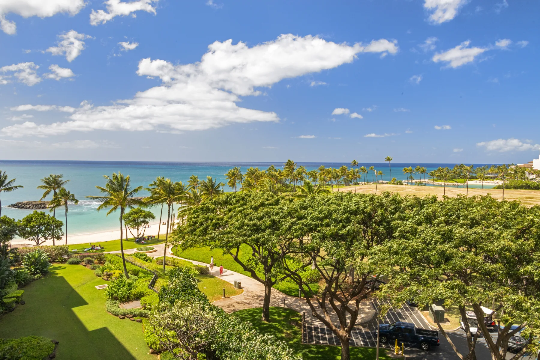 Un paisaje costero tropical con palmeras, jardines verdes y vistas al océano.