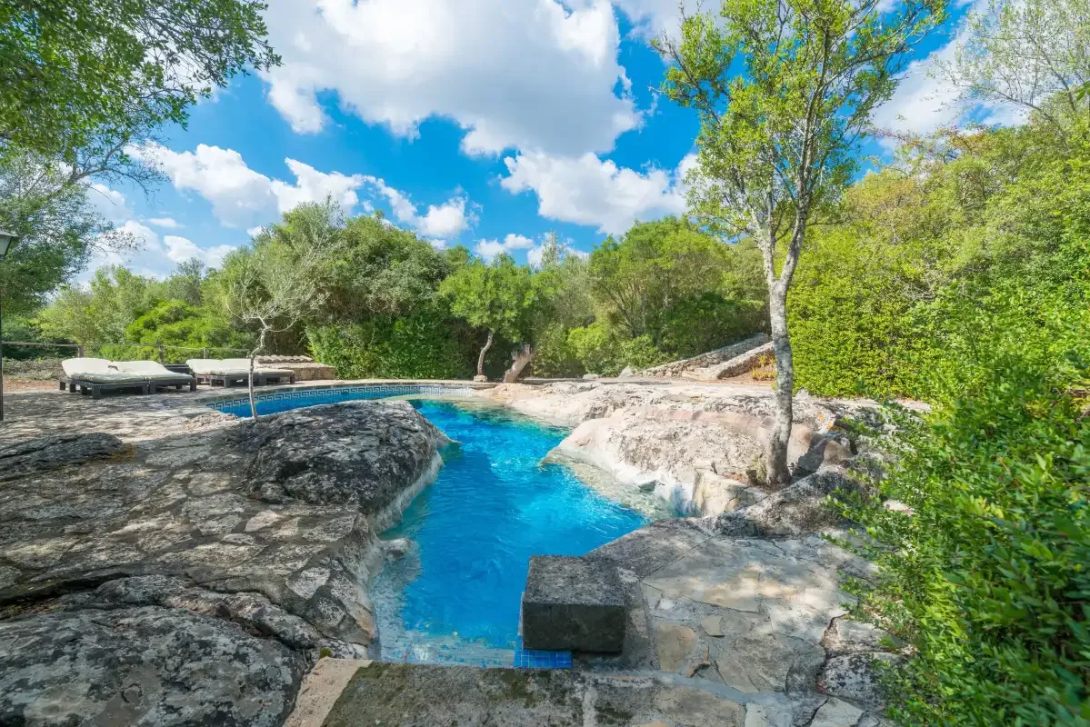 Una piscina azul serpentea por un jardín rocoso rodeado de árboles.