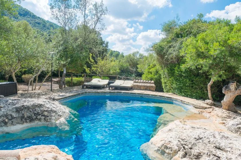 Una piscina al aire libre rodeada de rocas, asientos reclinables y vegetación frondosa.