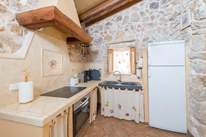 Una cocina compacta con paredes de piedra, fregadero, placa de cocina y refrigerador.