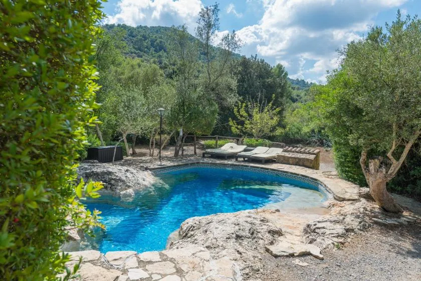 Una piscina está rodeada de árboles y un paisaje rocoso, con colinas a lo lejos.