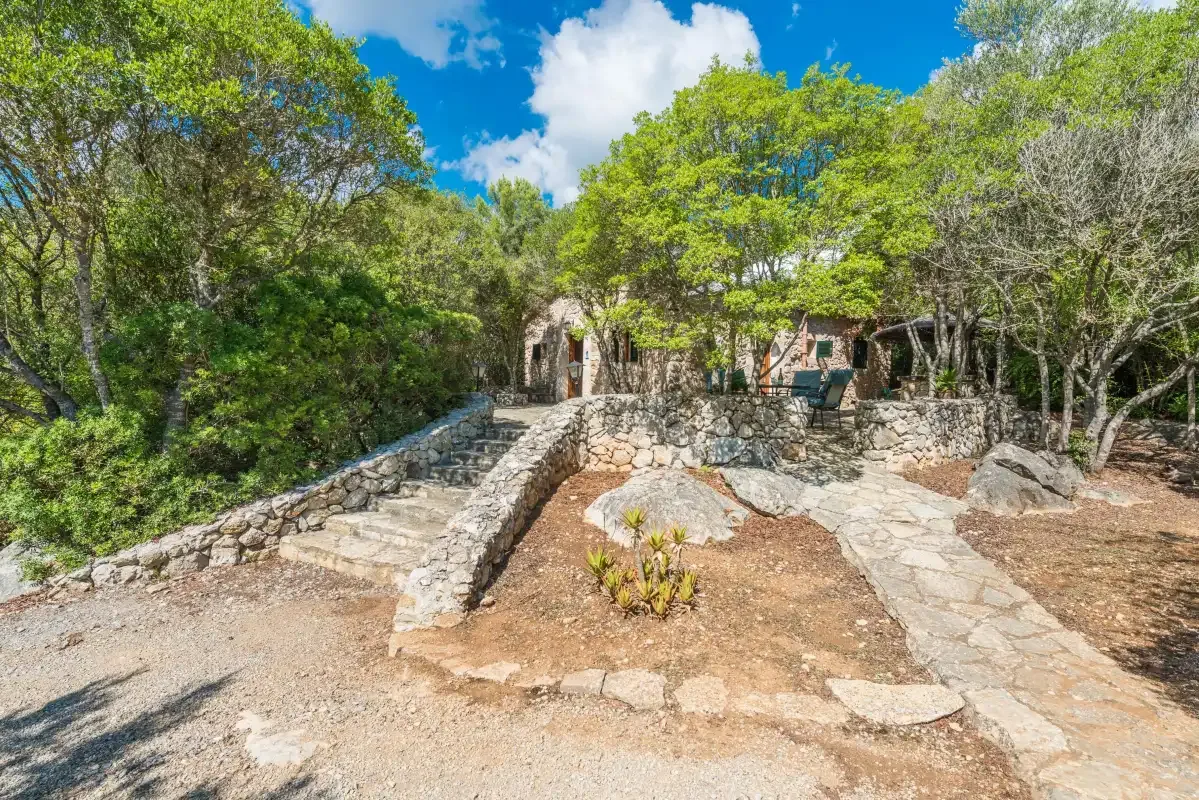 Un sendero de piedra atraviesa los árboles y conduce a una zona de estar al aire libre con sombra.