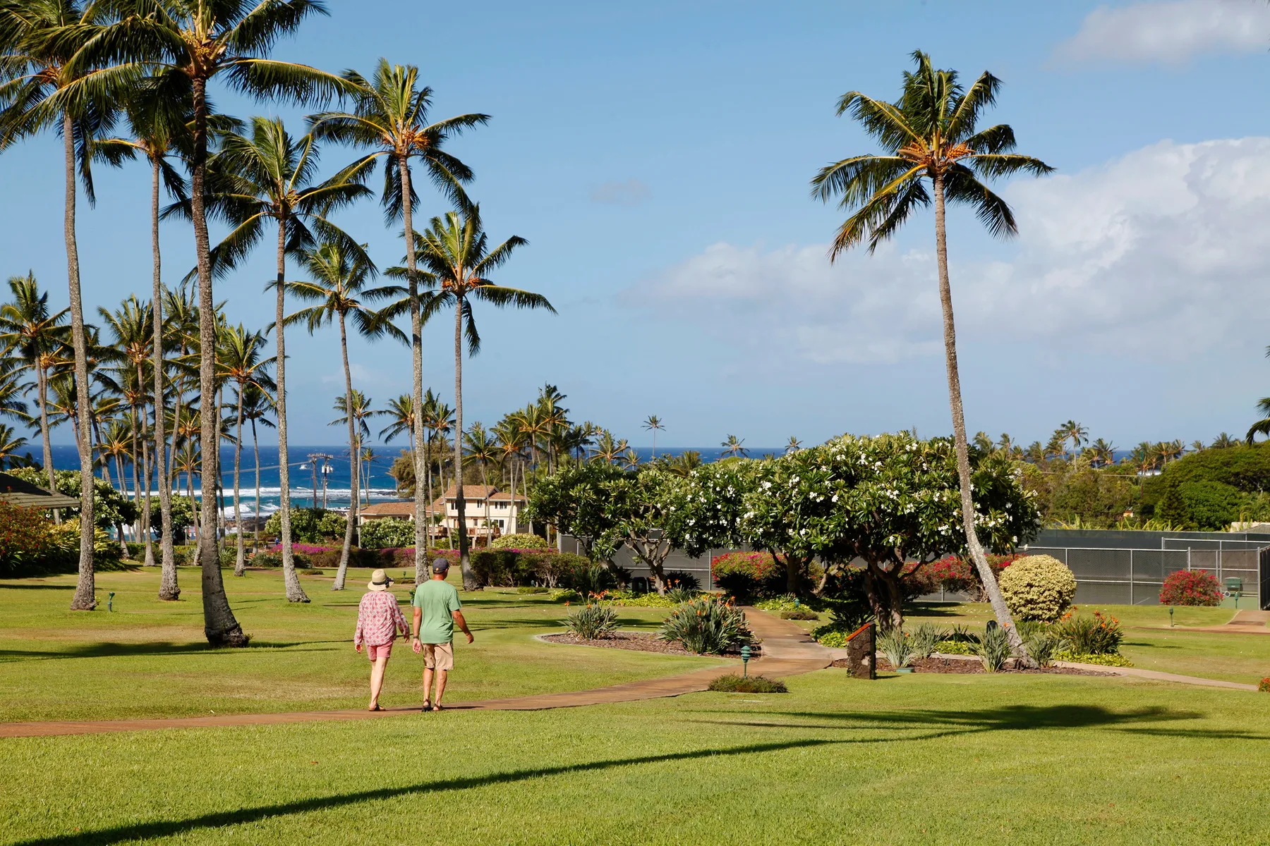 A landscaped tropical garden with palm trees and people walking toward the ocean.
