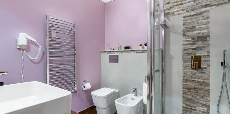 A bathroom with a sink, toilet, bidet, and glass shower.