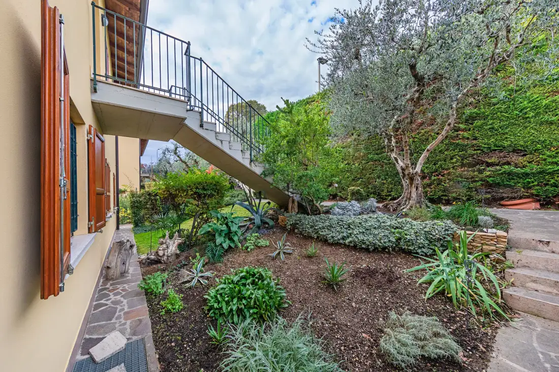 Un jardín junto a una casa, con una escalera exterior y plantas frondosas.