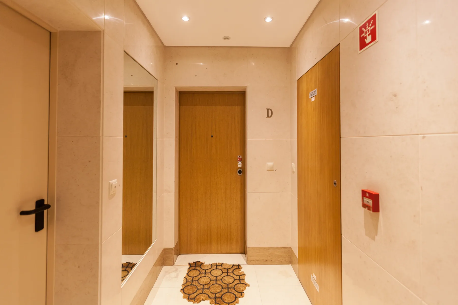 Un pasillo de apartamento con puertas de madera y un felpudo estampado.