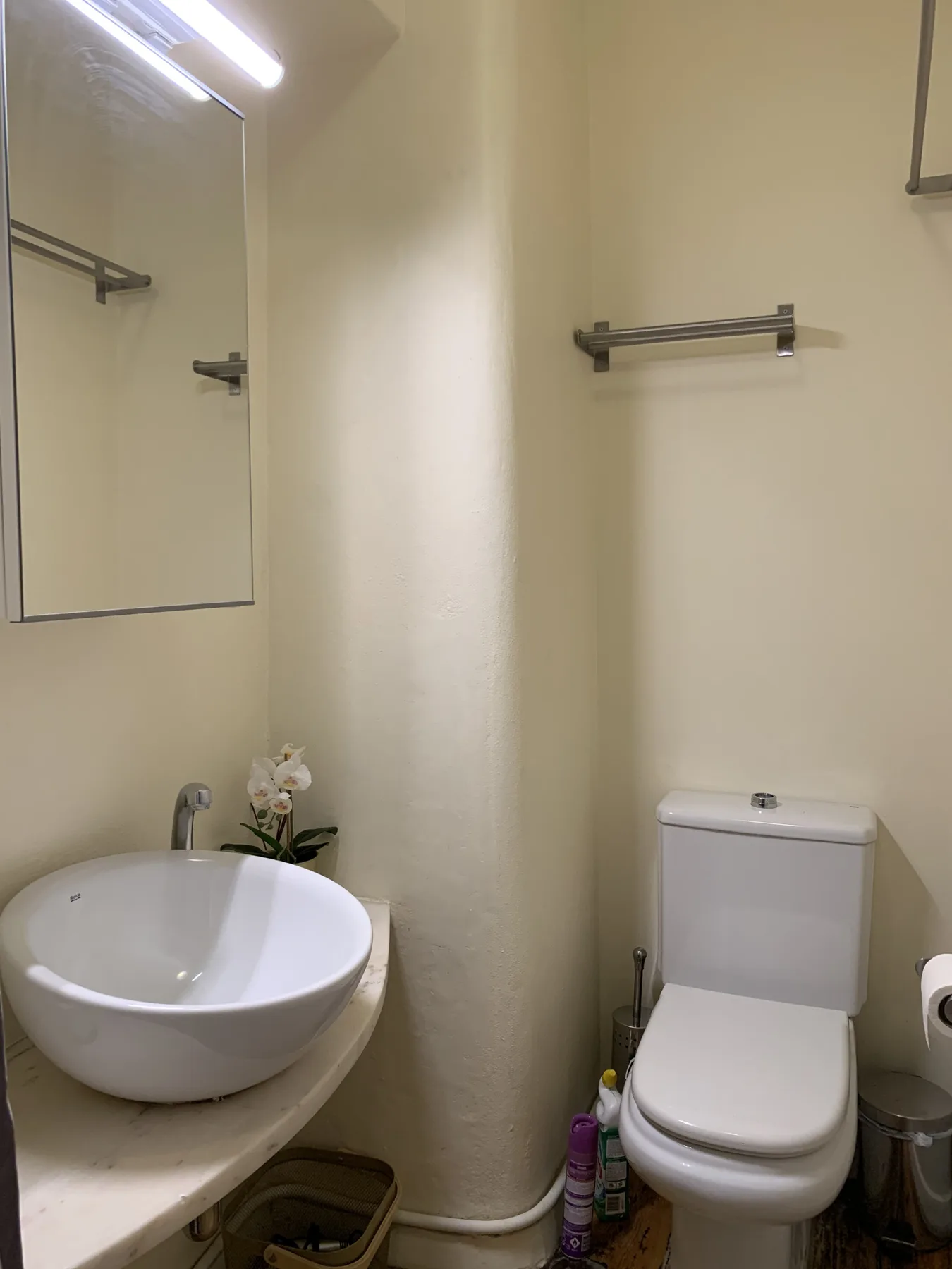 A bathroom with a vessel sink, toilet, and wall mirror.