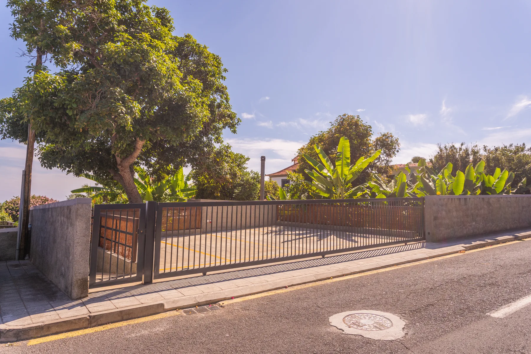 Una entrada con portón y árboles y plantas tropicales junto a la calle.
