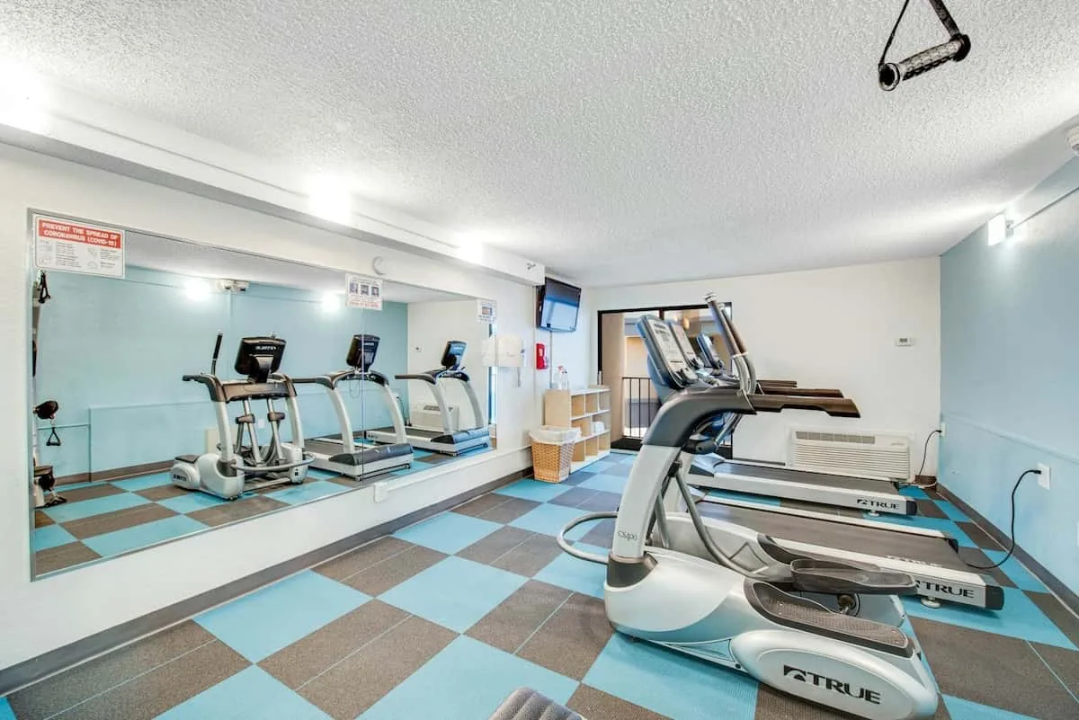 A gym with treadmills and exercise machines beside a mirrored wall.