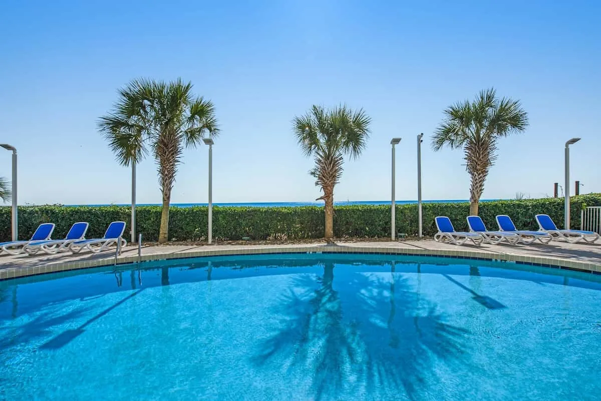 An outdoor swimming pool is bordered by palm trees and blue lounge chairs.