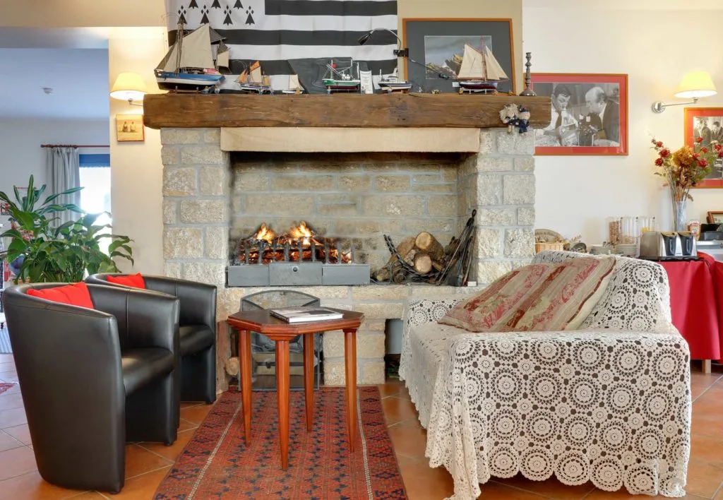 Lounge with stone fireplace