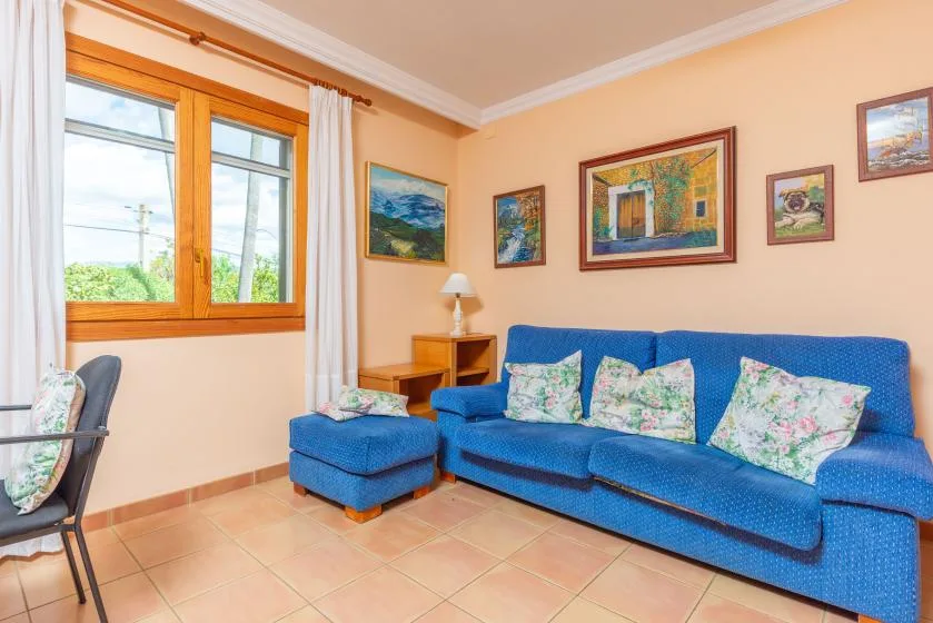 Living room with blue seating, floral cushions, and framed artwork on the walls.