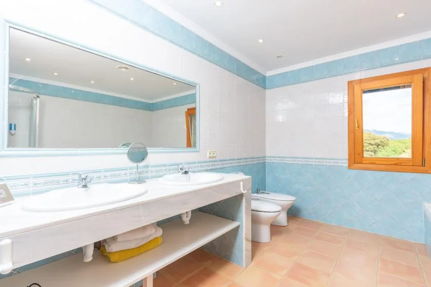 A bright bathroom with a long sink counter, mirror, and window.