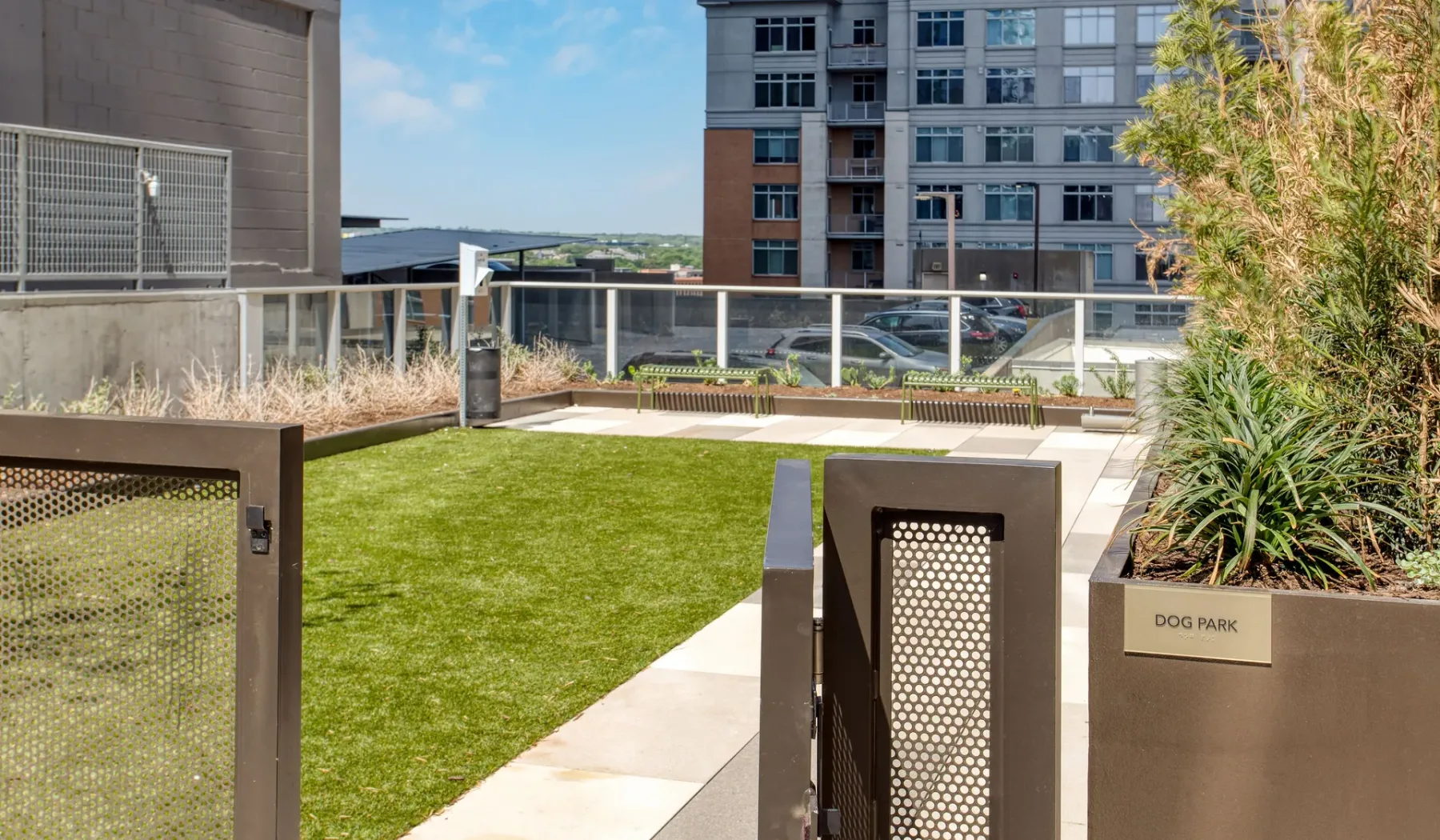 A rooftop dog park has a grassy area bordered by planters and a walkway.
