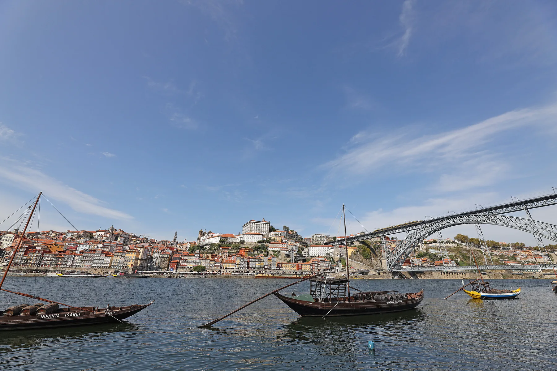 A riverside view of Porto’s colorful waterfront, with boats and a bridge.