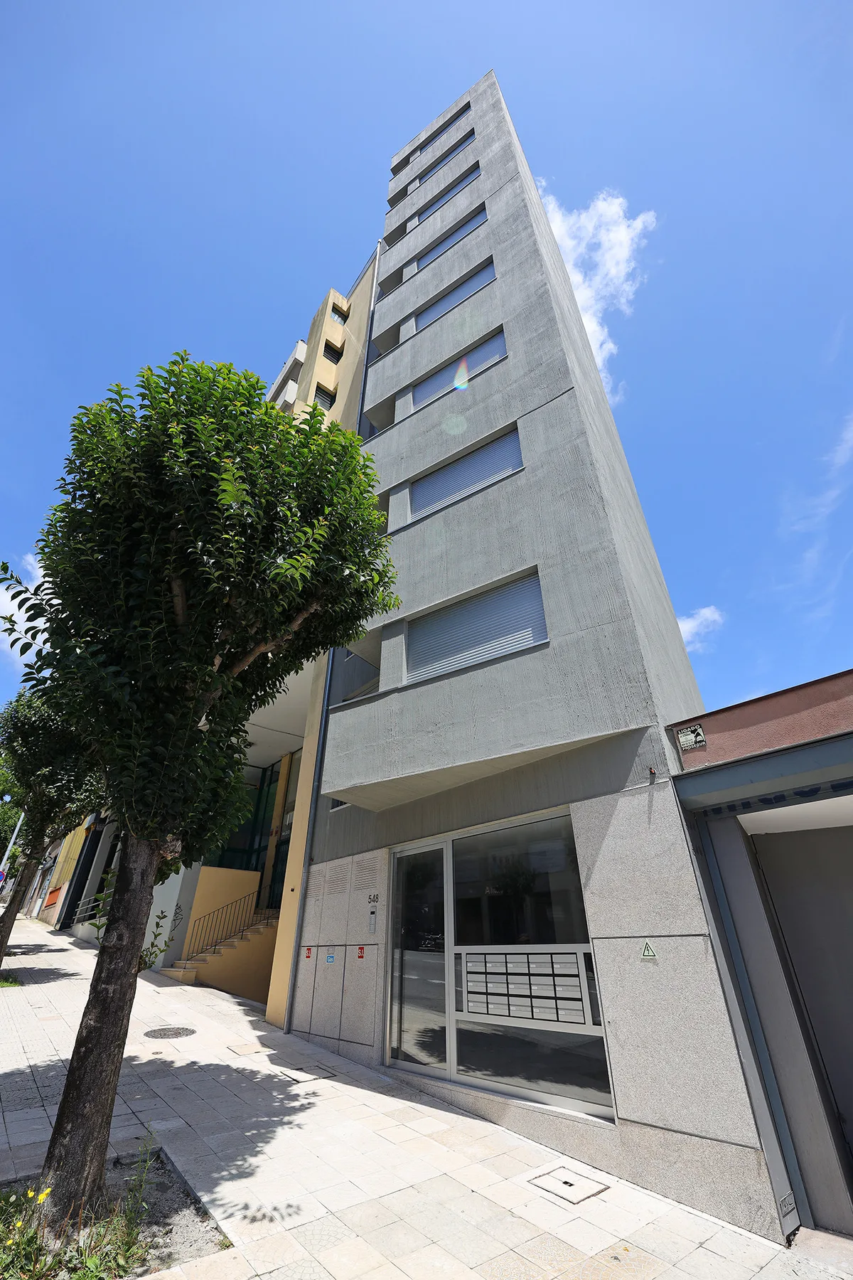 A tall modern building with a glass entrance stands beside a leafy street tree.