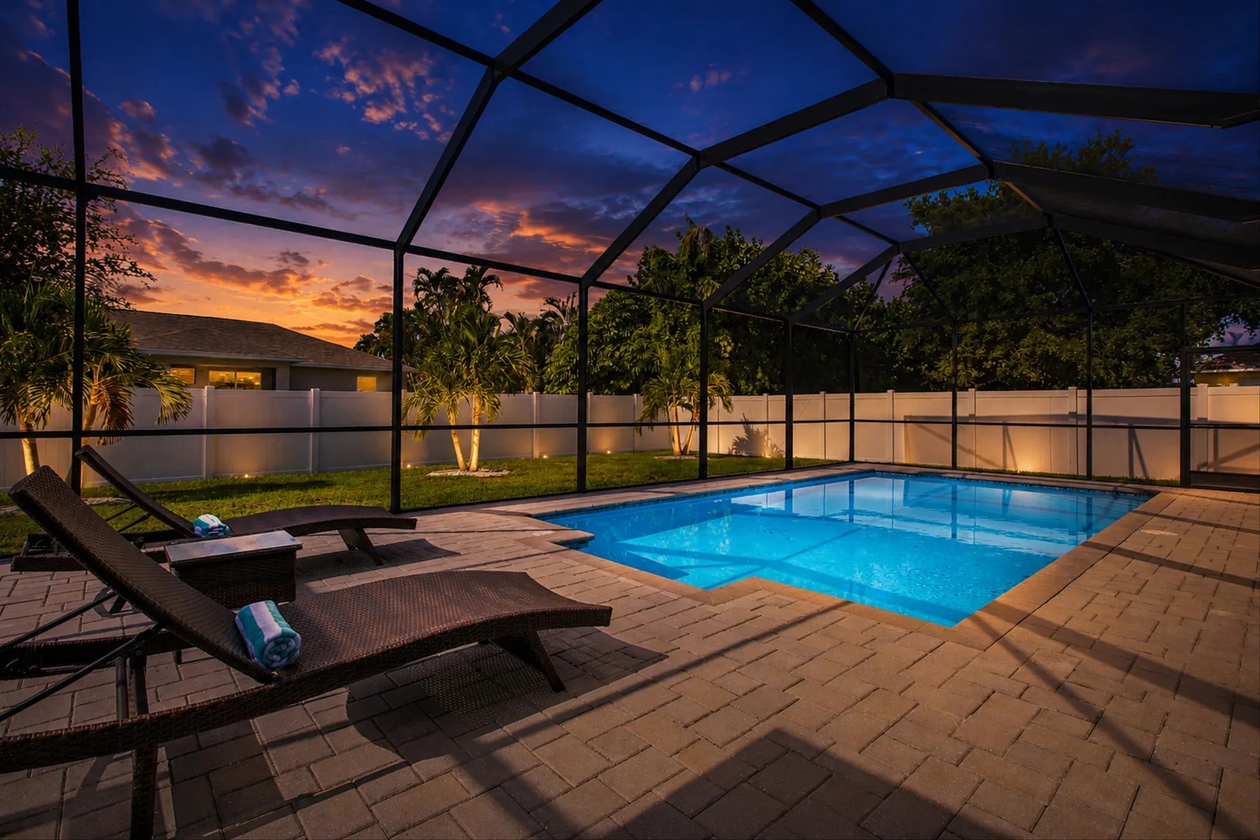 Una piscina exterior está bajo un cerramiento con malla al atardecer.