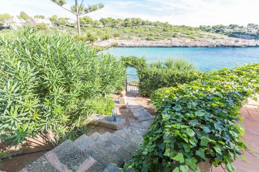 Stone steps descend through leafy garden planting toward a blue waterfront.