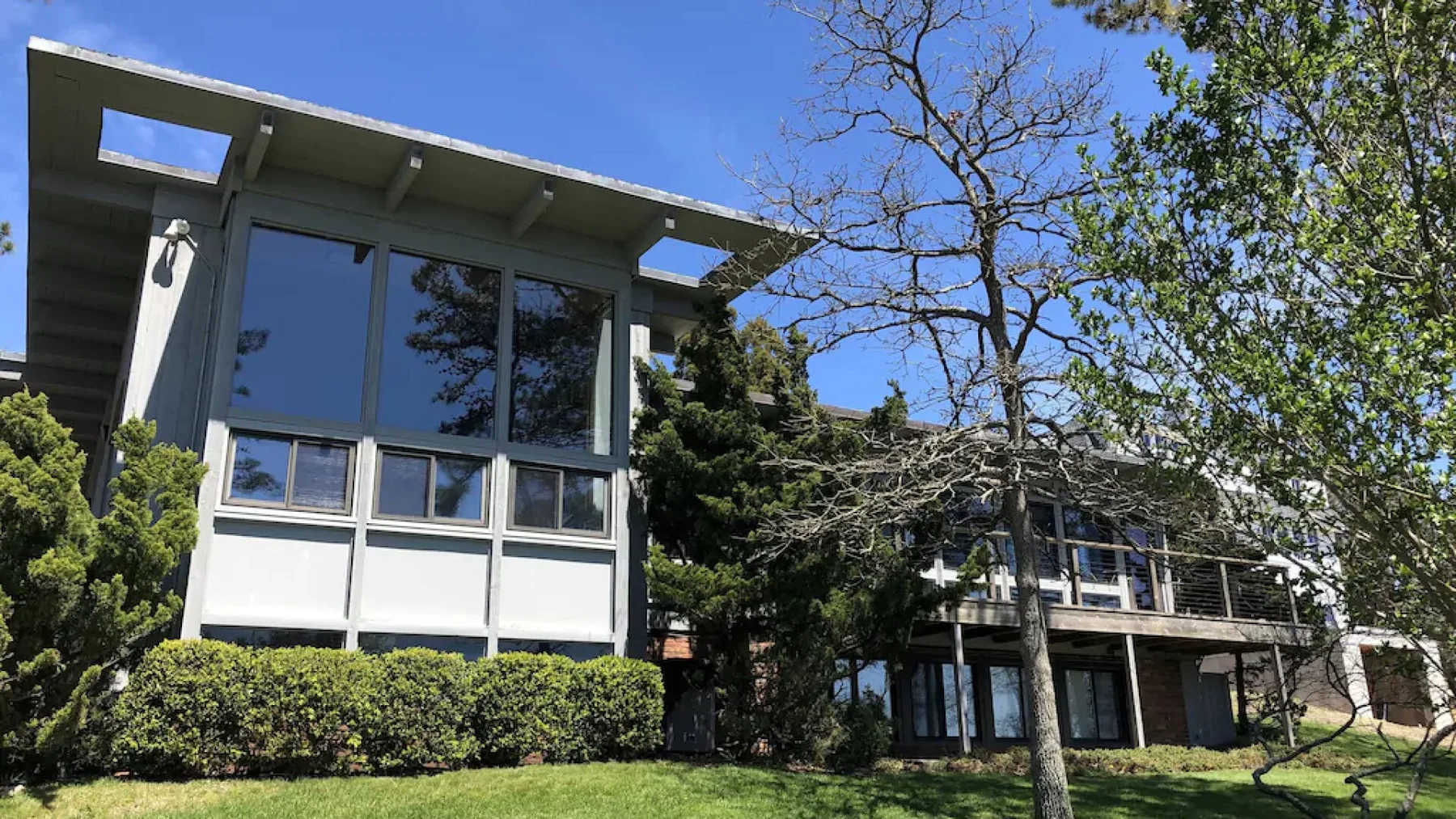 Exterior de una casa moderna con grandes ventanas, árboles y arbustos cuidados.
