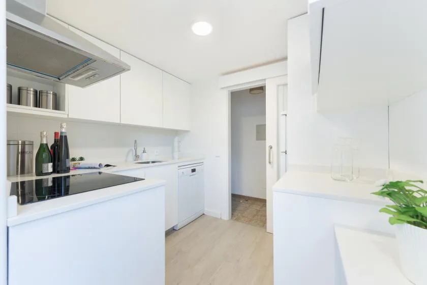 Una cocina blanca y luminosa con placa de cocina, fregadero y puerta.