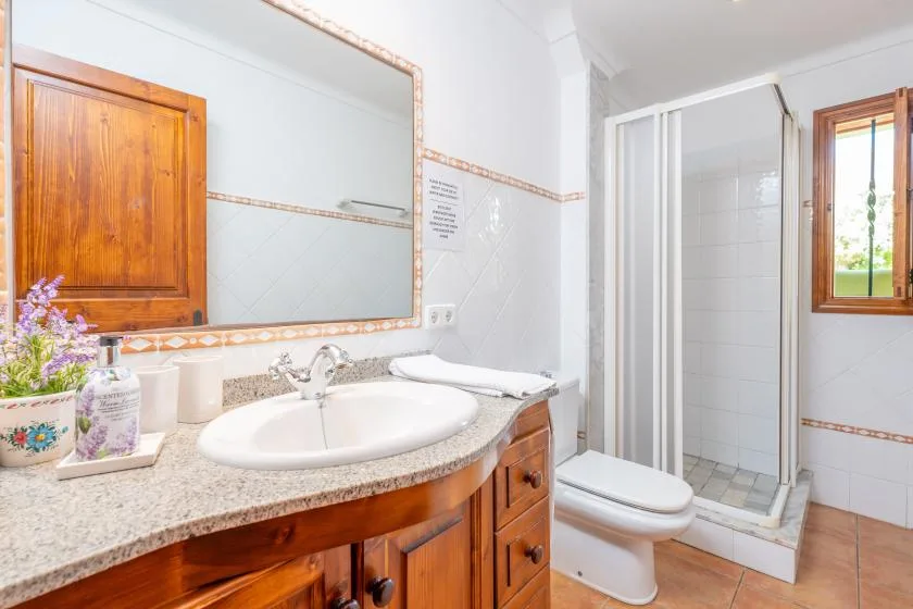 Un baño con lavabo, mueble de madera y ducha de vidrio.