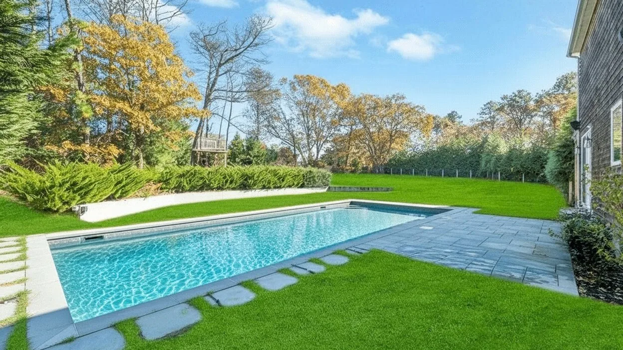 Una piscina al aire libre junto a un patio pavimentado y césped verde.