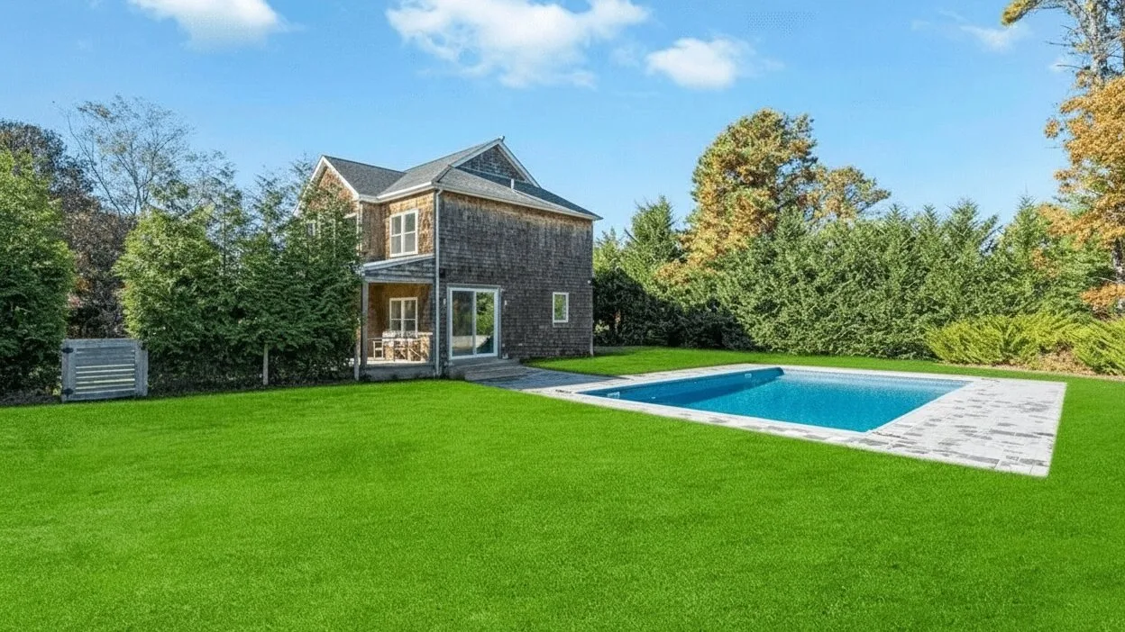 Una casa moderna está junto a una piscina rectangular en un césped verde.