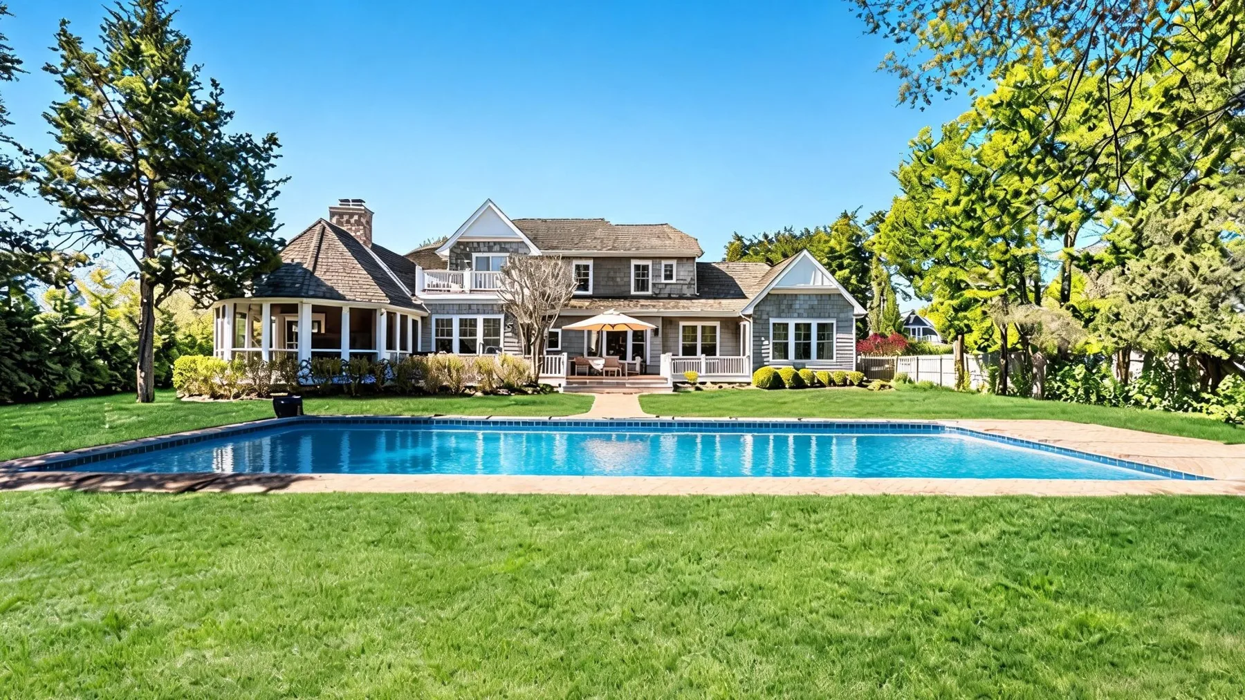 A large house overlooks a swimming pool and broad green lawn.