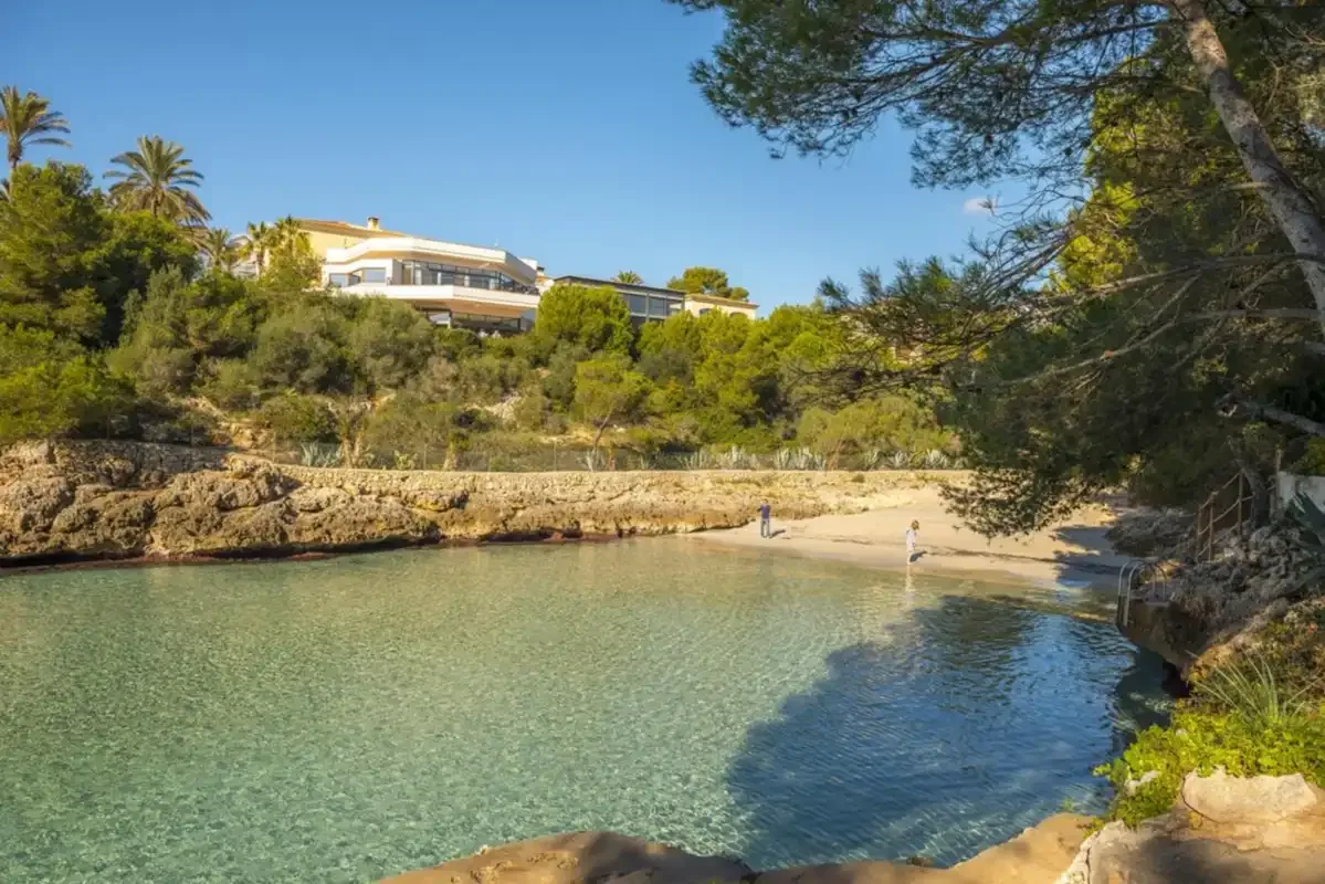 A small sandy beach borders clear water beneath a tree-lined rocky shore.