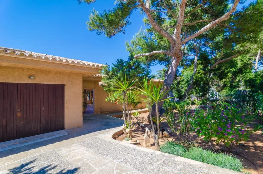 A house exterior beside a paved driveway, with trees and flowering plants.