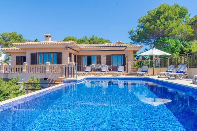A house and outdoor swimming pool are surrounded by trees and lounge seating.