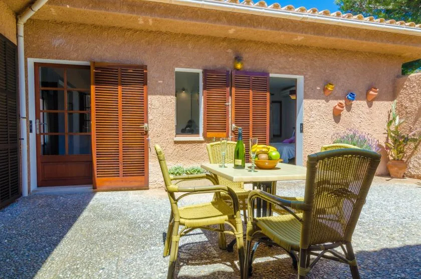 A sunny patio with a dining table and woven seating beside the house.