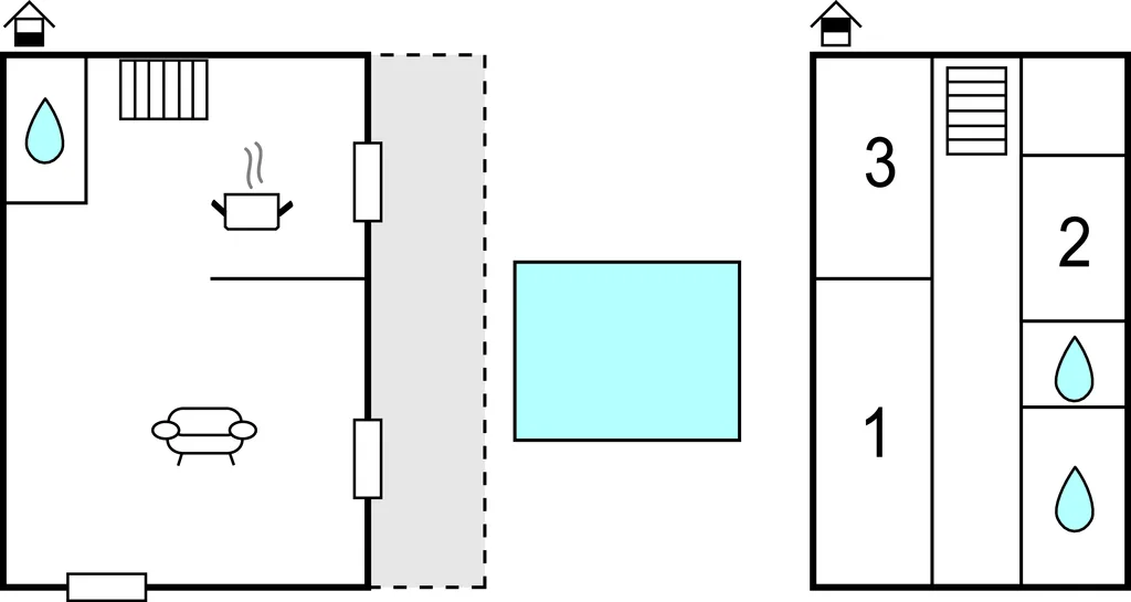 Un plano sencillo muestra una habitación con asientos y una piscina rectangular cercana.