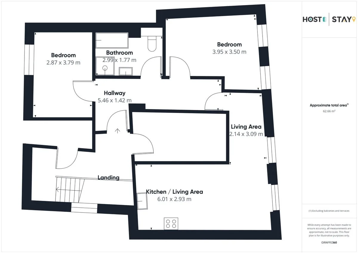 A floor plan labels bedrooms, a bathroom, hallway, landing, and living areas.