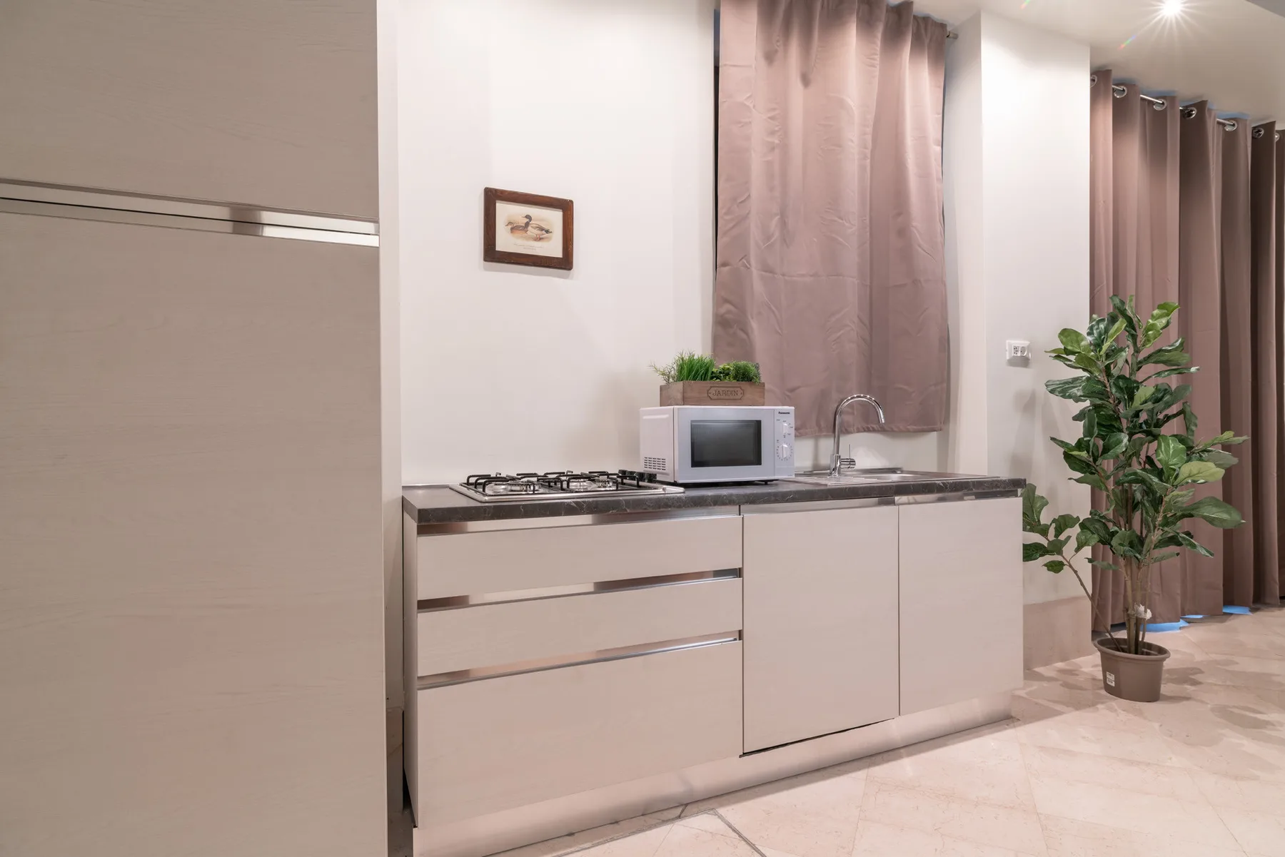 Una cocina compacta con un microondas sobre la encimera y una planta en maceta.
