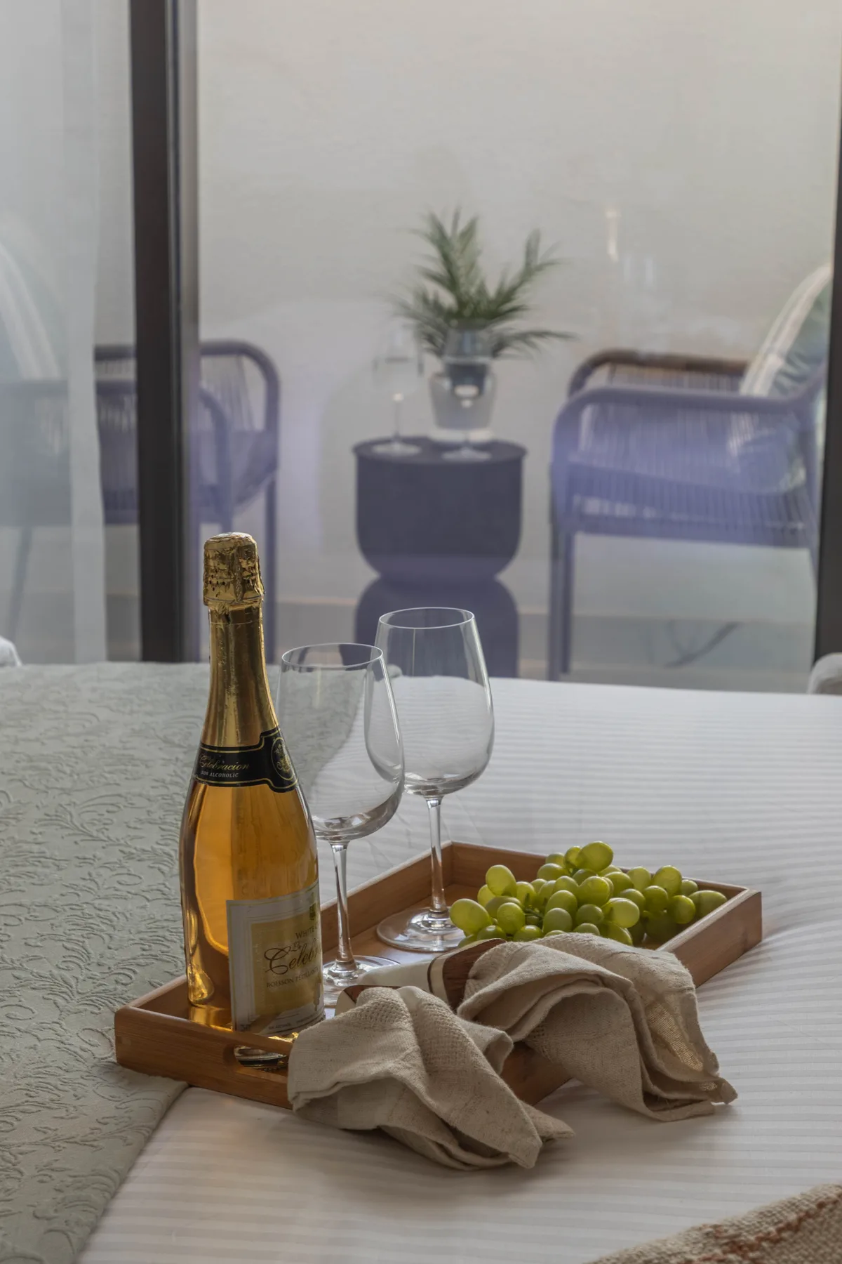 Una mesa sostiene una botella, copas, uvas y un paño doblado.