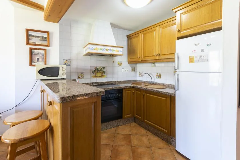 A compact kitchen with wooden cabinets, a tiled backsplash, and a breakfast counter.
