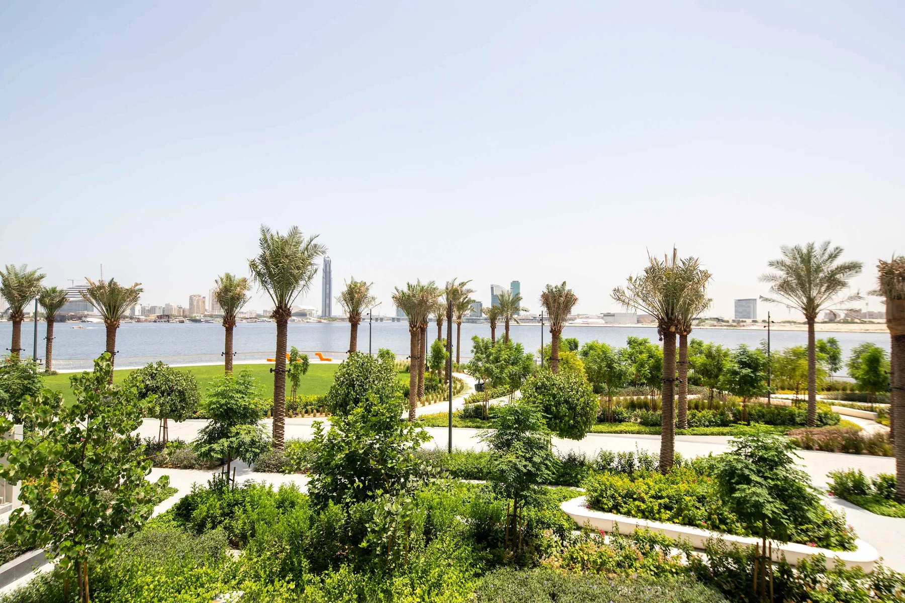 A landscaped garden with winding paths and palm trees beside the water.