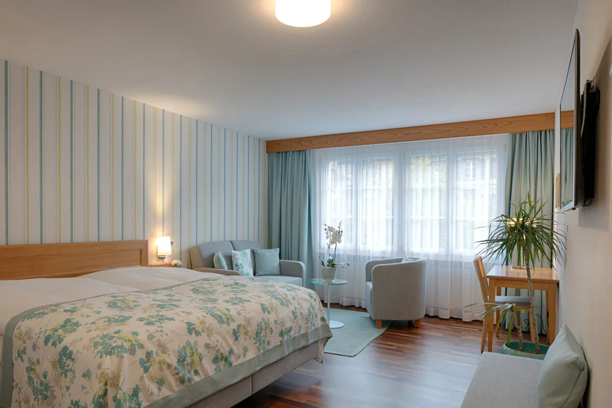 Comfort Double Room Plus with a sitting area by the window and a desk.