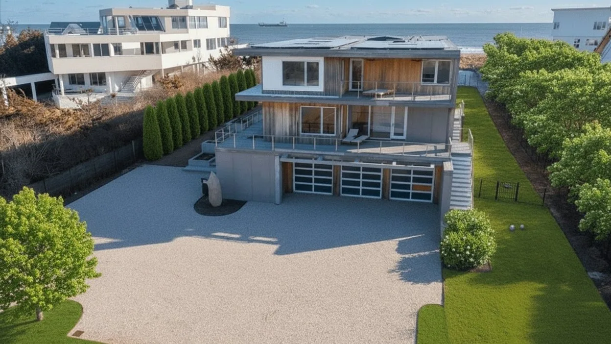 Una casa moderna da a una amplia entrada pavimentada, con el mar visible detrás.