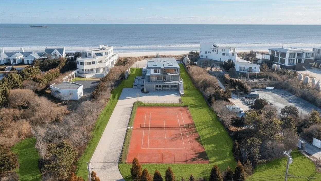 Una vista aérea muestra una cancha de tenis entre casas junto al mar, con el océano al fondo.