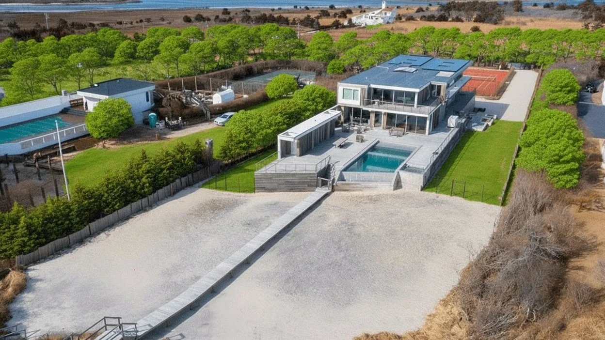 Una casa moderna con piscina al aire libre se encuentra entre jardines.