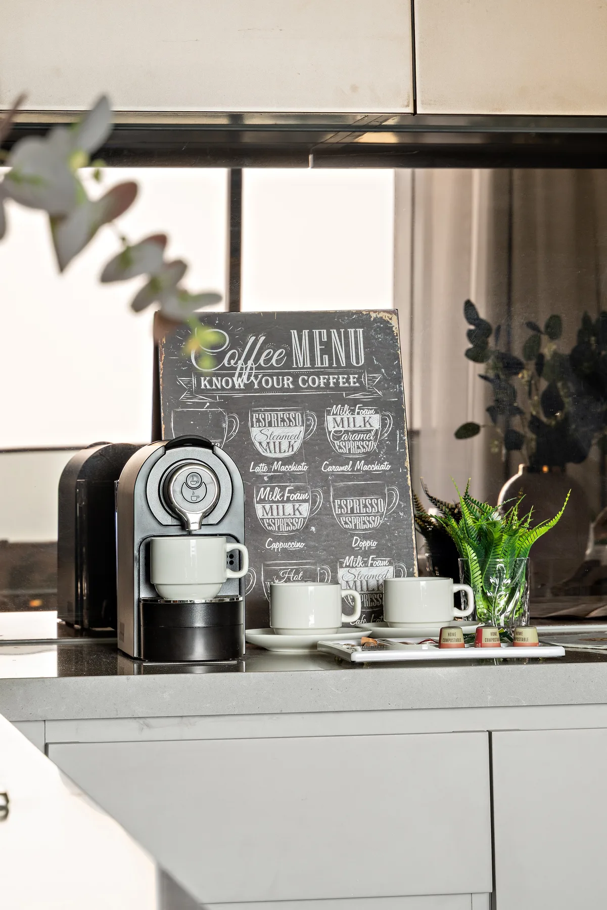 A kitchen counter displays a coffee machine, cups, and a small plant.