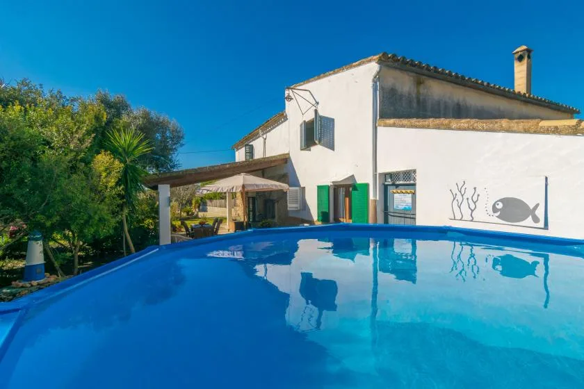 An outdoor swimming pool sits beside a white building and leafy landscaping.