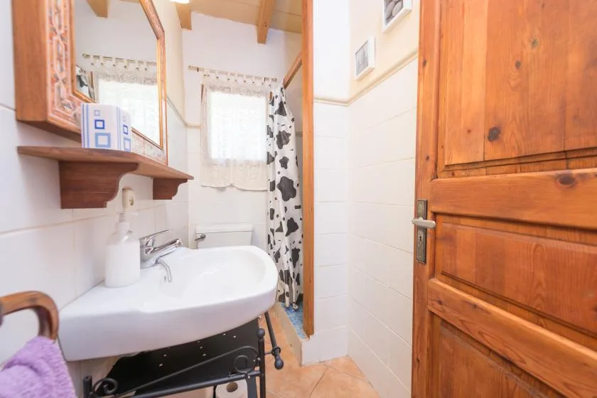Un baño alicatado con lavabo, ventana y cortina de ducha estampada.