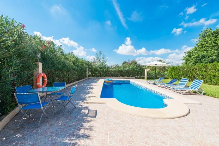 Una piscina al aire libre está rodeada de asientos reclinables y setos frondosos.